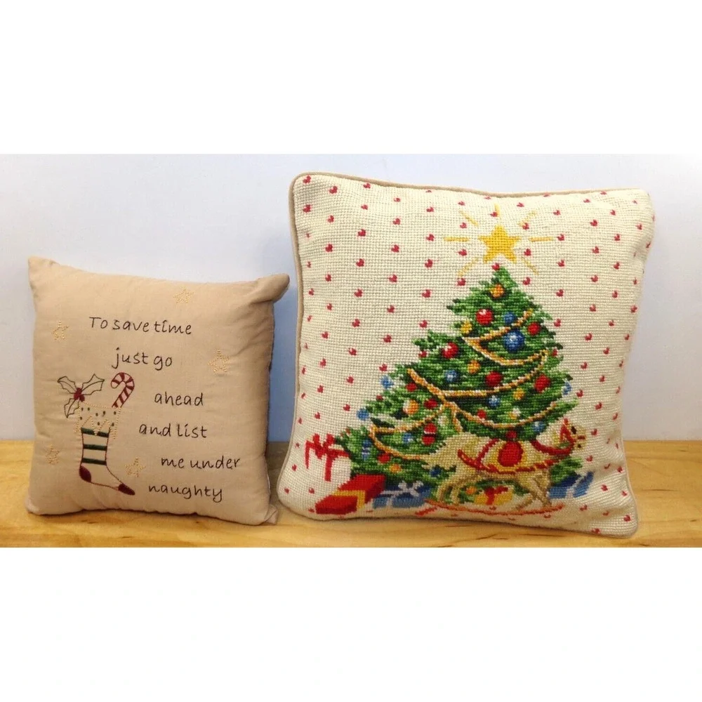 Lot of 2 Christmas Pillows Needlepoint & Folk Art Christmas Tree Naughty‎ List